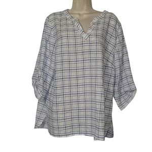 CHICO'S Roll Tab Sleeve Plaid Pullover Blouse Lightweight‎ White 3 Spring Summer